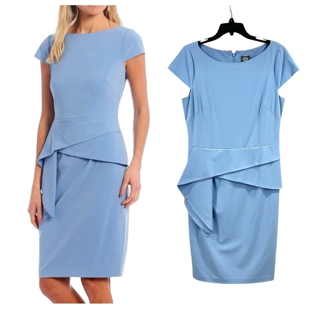 Vince Camuto Periwinkle Blue Cap Sleeve Asymmetrical Peplum Crepe Sheath Dress
